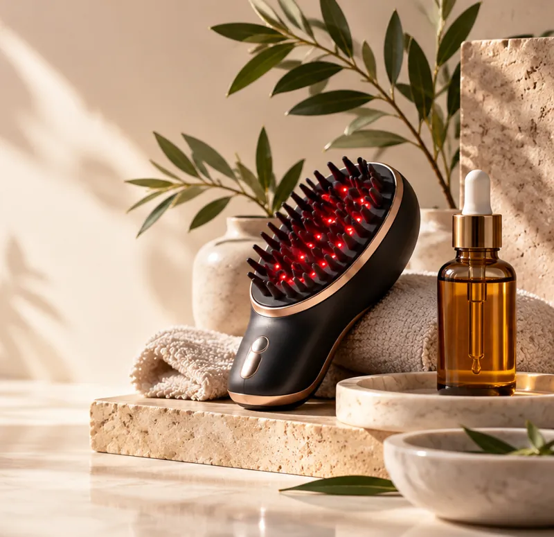Illustrative spa still life with red light scalp brush and oil